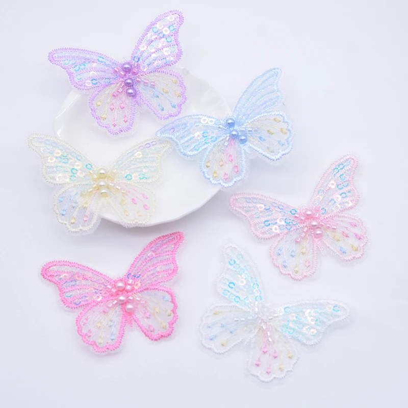 12Pcs 62*48mm Exquisite Sequins Embroidered Mesh Butterfly for DIY Headwear Hair Clips Decor Clothes Hat Shoes Sewing Patches