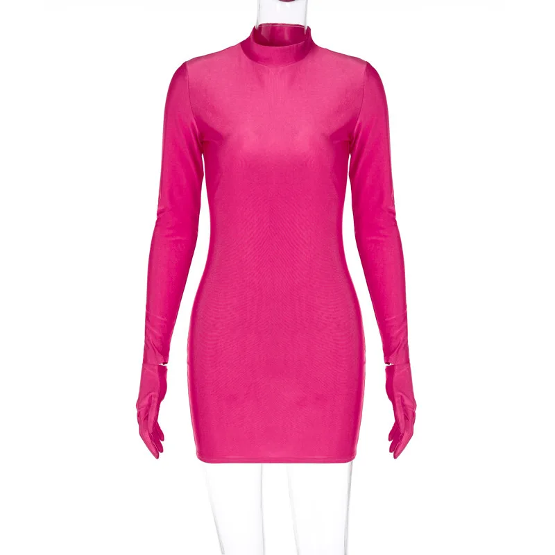 Bangniweigou luva manga cheia fucshia mini vestido feminino bodycon o pescoço outono casual curto robe