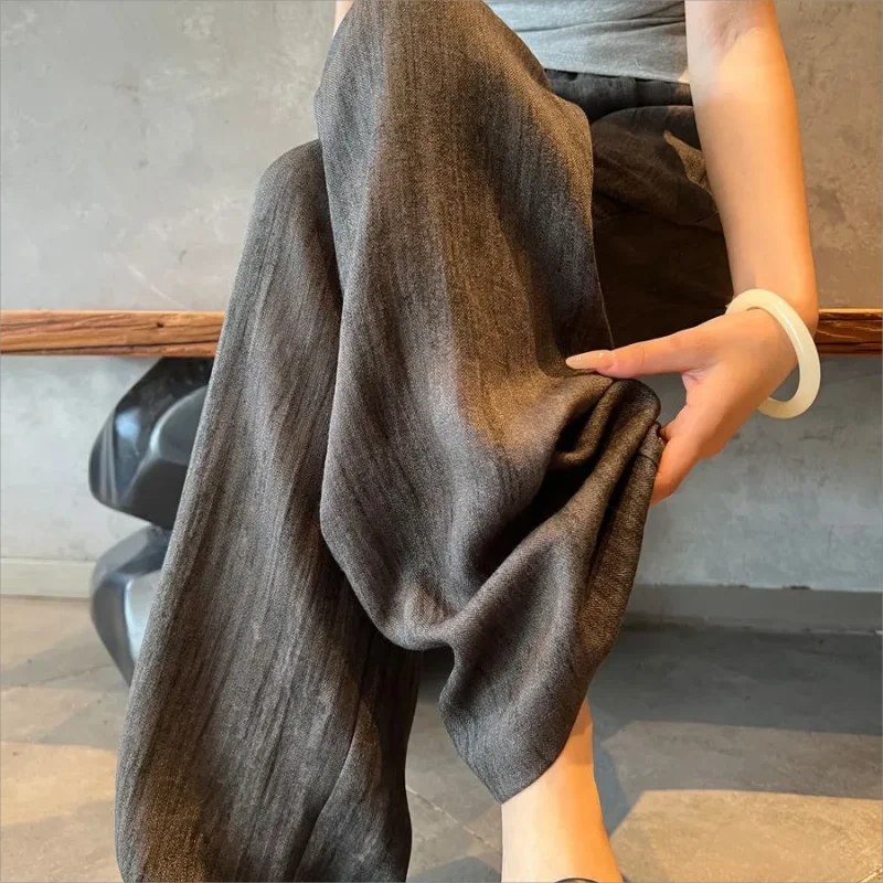 2025 New Women's Ice Silk Yamamoto Wide Leg Pants Thin New Casual High Waisted Straight Leg Hanging Floor Pants