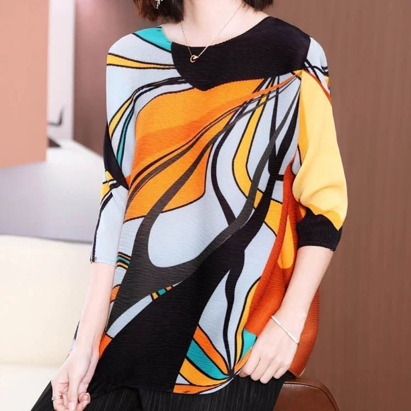 

2023 Spring New Pleated Top Women's Half Sleeve Loose Large Printed T-shirt t shirts women korean Slight Strech