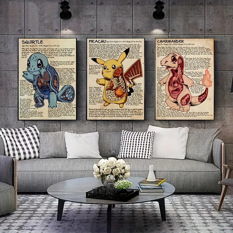 3Pcs Pokemon Poster Retro Pikachu Charmander Squirtle Canvas Painting Japanese Anime Wall Art Wall Decor Bedroom Home Decor