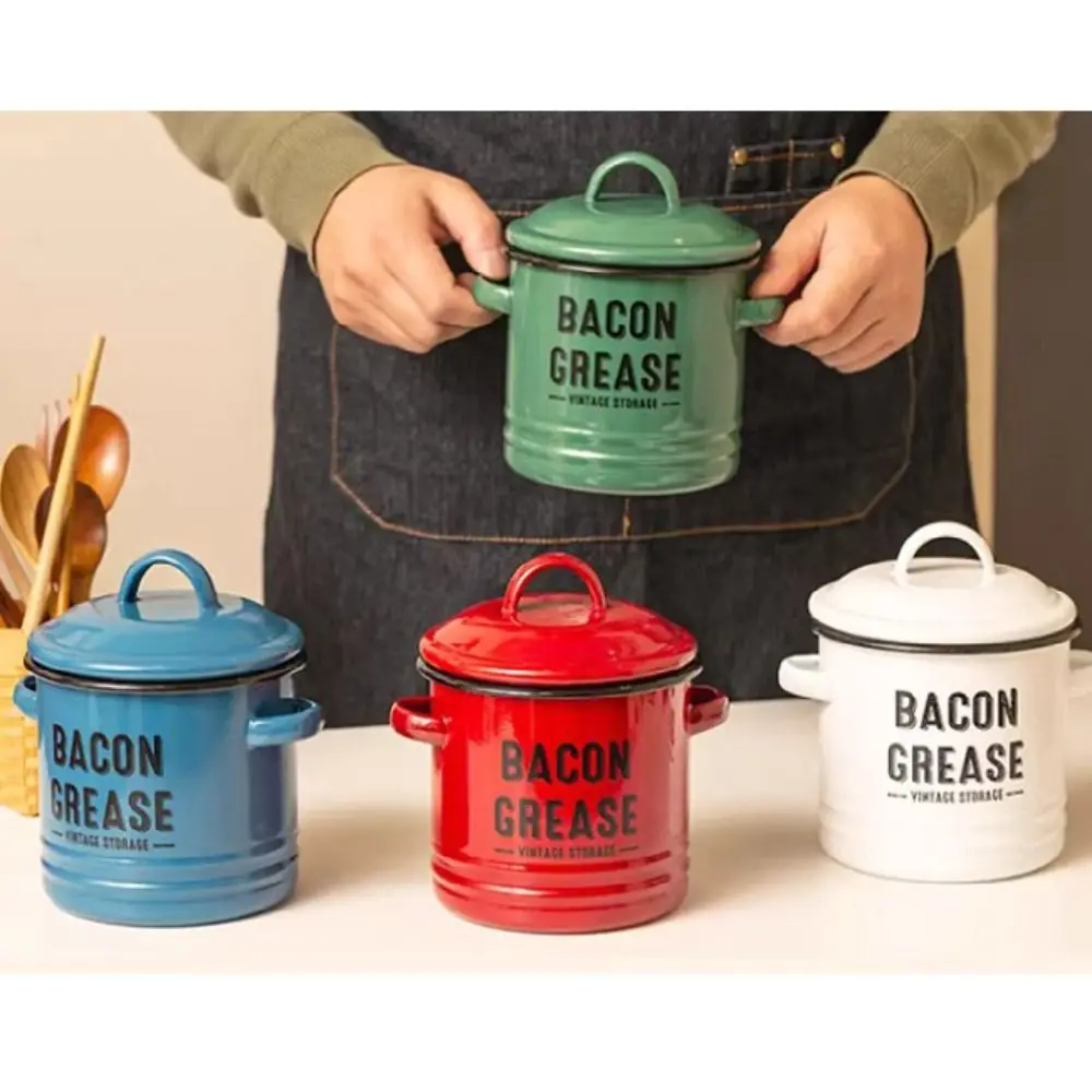 

2025 2 Handles Bacon Grease Container Vintage Large-capacity Enamelware Cup Heatable Lid Seasoning Storage Tank