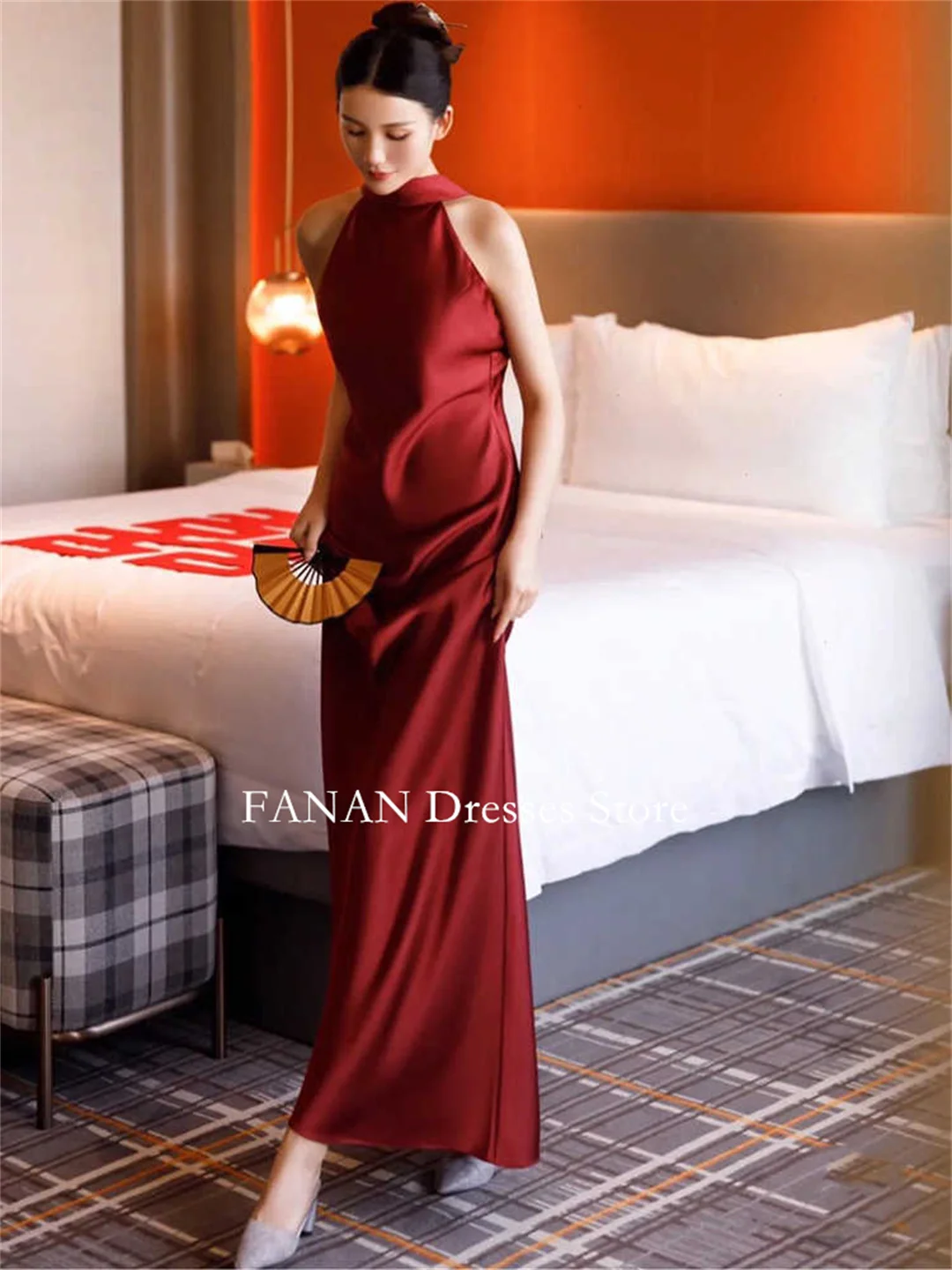 

FANAN Customized Burgundy Evening Party Dresses High Neck Korea Mermaid Satin Wedding Women Gowns Event Prom Gowns Customized