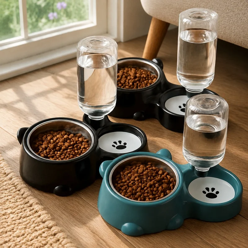 Comedouro e Bebedouro Automático por Gravidade para Gatos e Cães com Bico Inclinado, Sem Necessidade de Energia