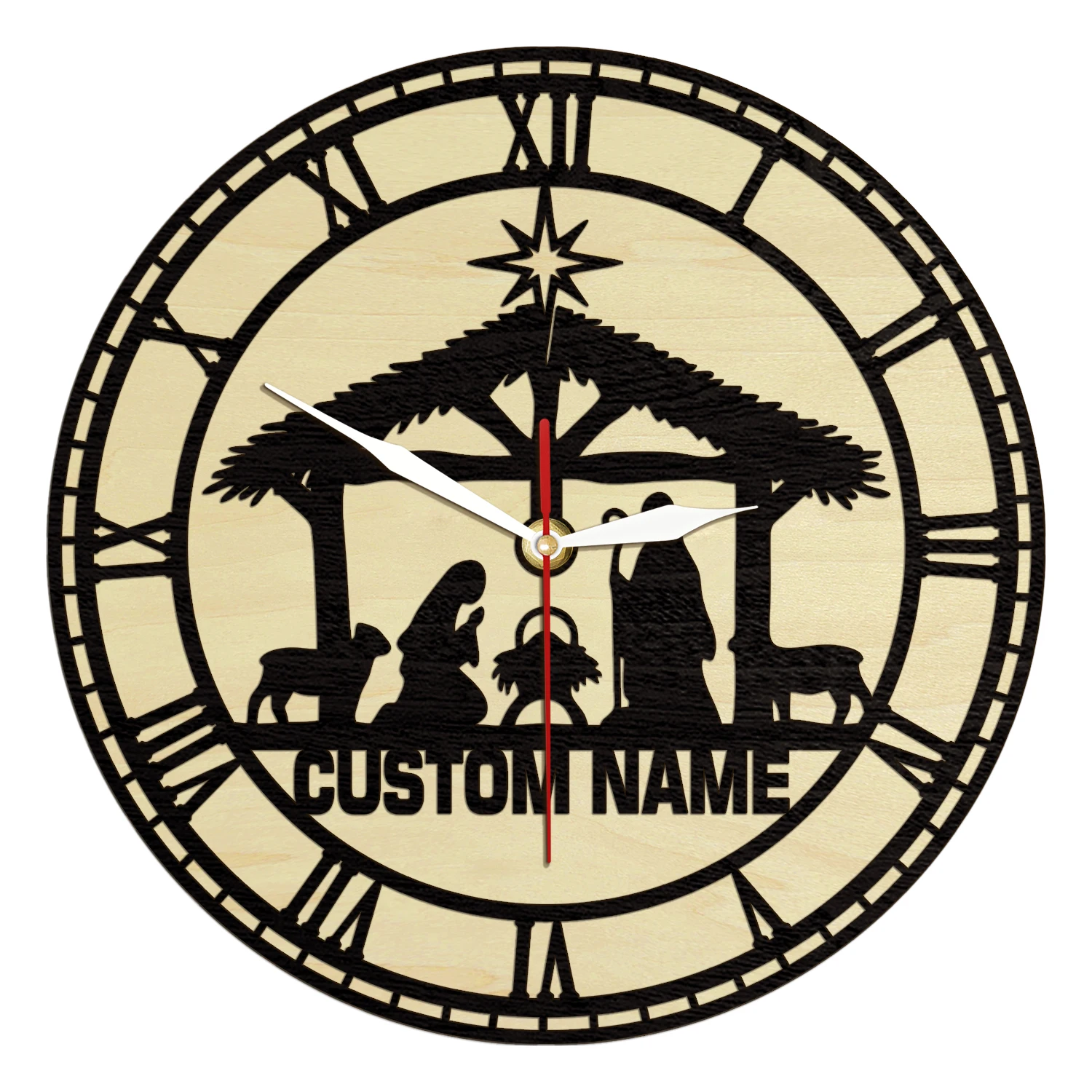 Nativity Scene Christmas Custom Name Wooden Wall Clock Birth of Jesus Sign Nature Wood Clock Religious Home Decor Christian Gift