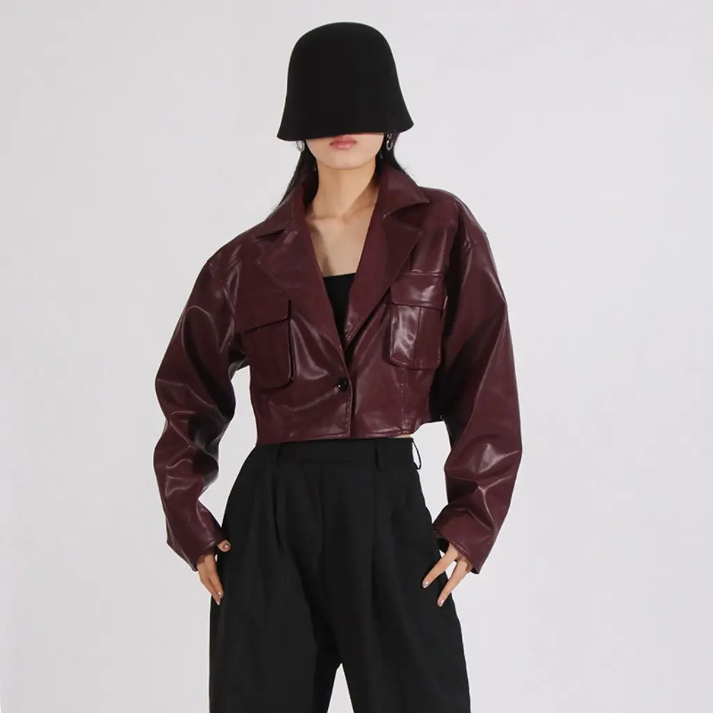 Elegant Lady Style High-End Design Leather Jacket for Women European American Autum New Suit Collar Splicing Flap Pocket Pants