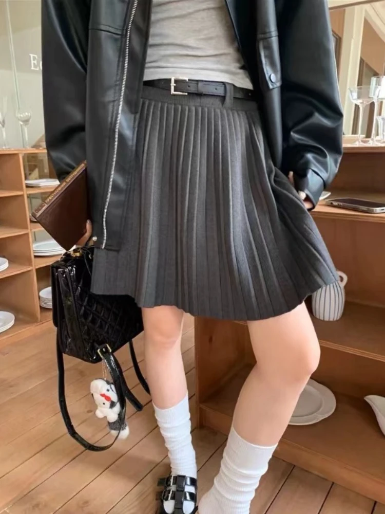 Autumn Winter Women's Knitted Pleated Skirt with Belt Grey White High Waist A Line Skirt Girl's Student Short Mini Skirt Women