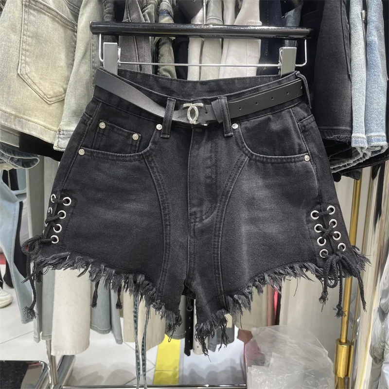 Washed Blue Lace Up Denim Shorts for Women Tassels Wide Leg High Waist A Line Jeans Shorts Streetwear Korean Style Black