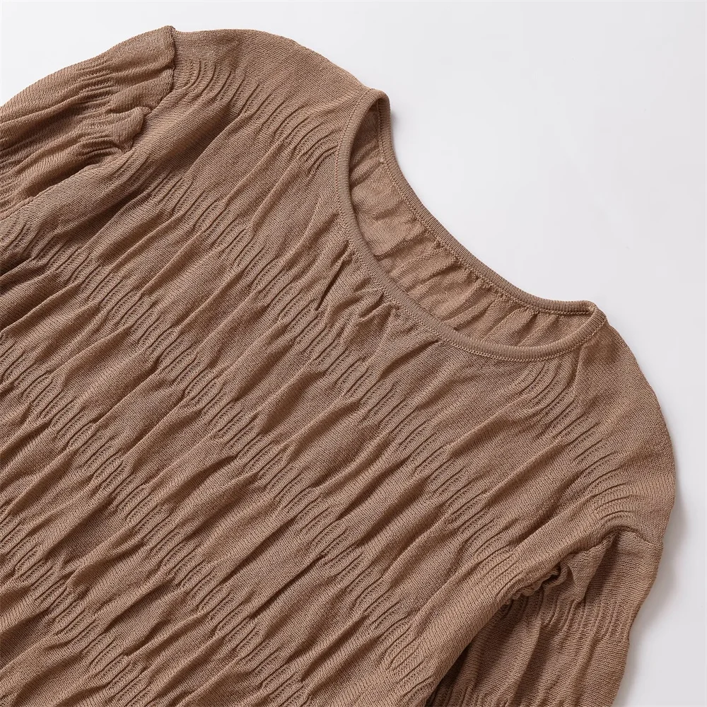 top da donna in maglia a maniche lunghe con scollo tondo pieghettato, vestibilità slim, vestibilità slim, nuovo stile temperamento