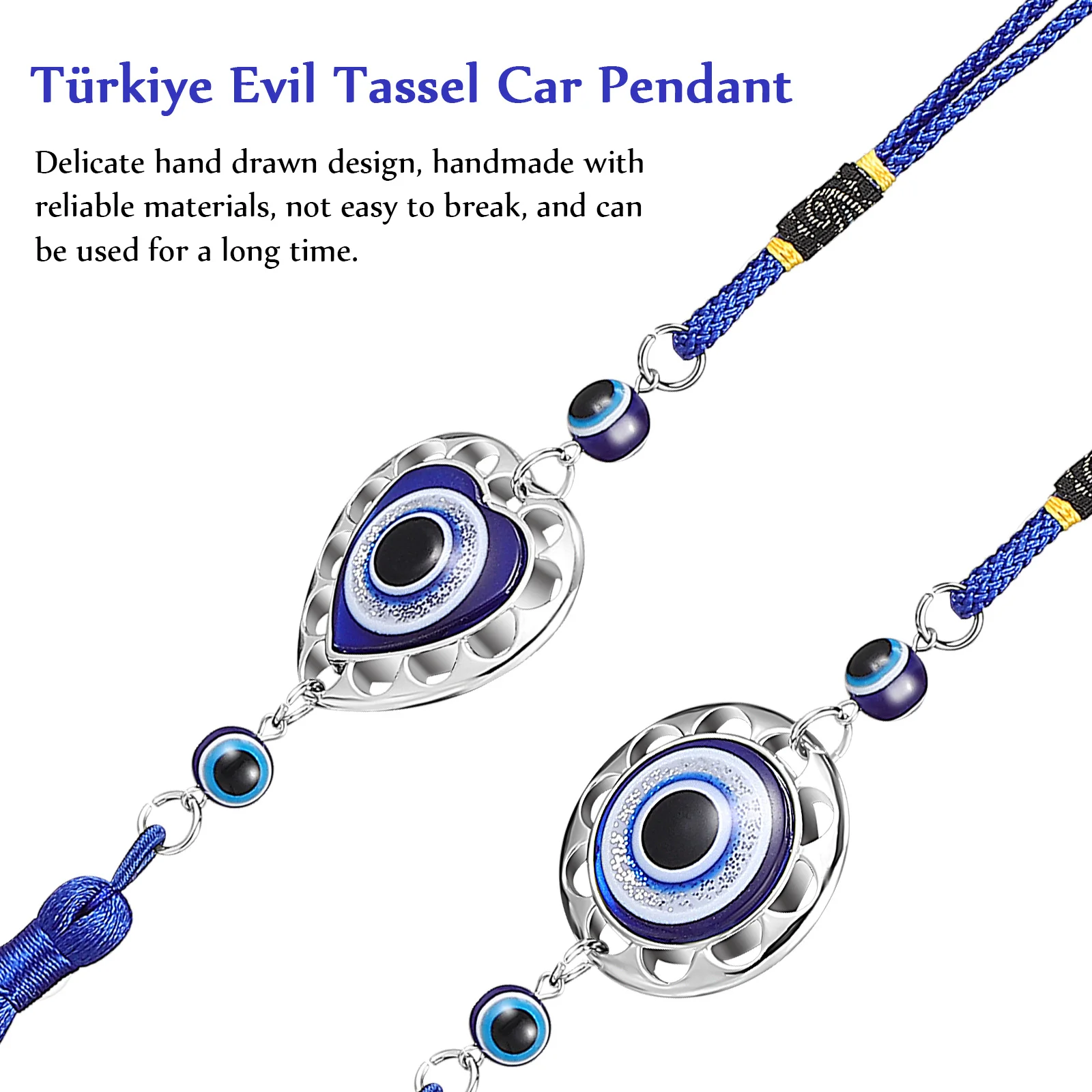 

6 pcs Car Hanging Ornaments Round Heart Evil Eye Tassel Charms For Rear View Mirror Auto Decor Home Office Decoration