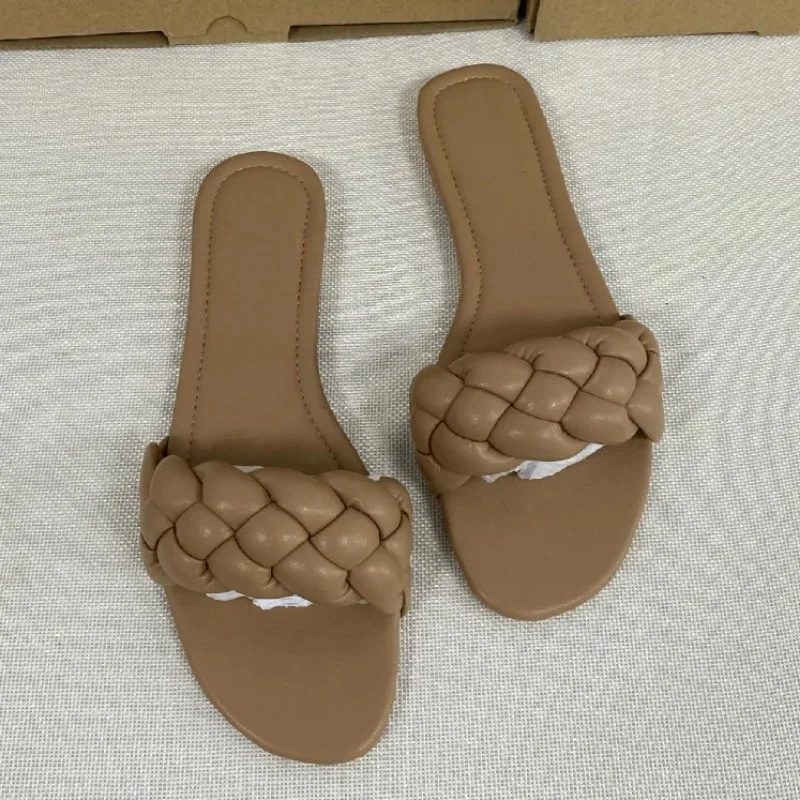Fashion Open Toe Women Sandals Casual Summer Leather Shoes Woman Slip-on Ladies Slides Beach Solid Weave Modern Flat Sandal