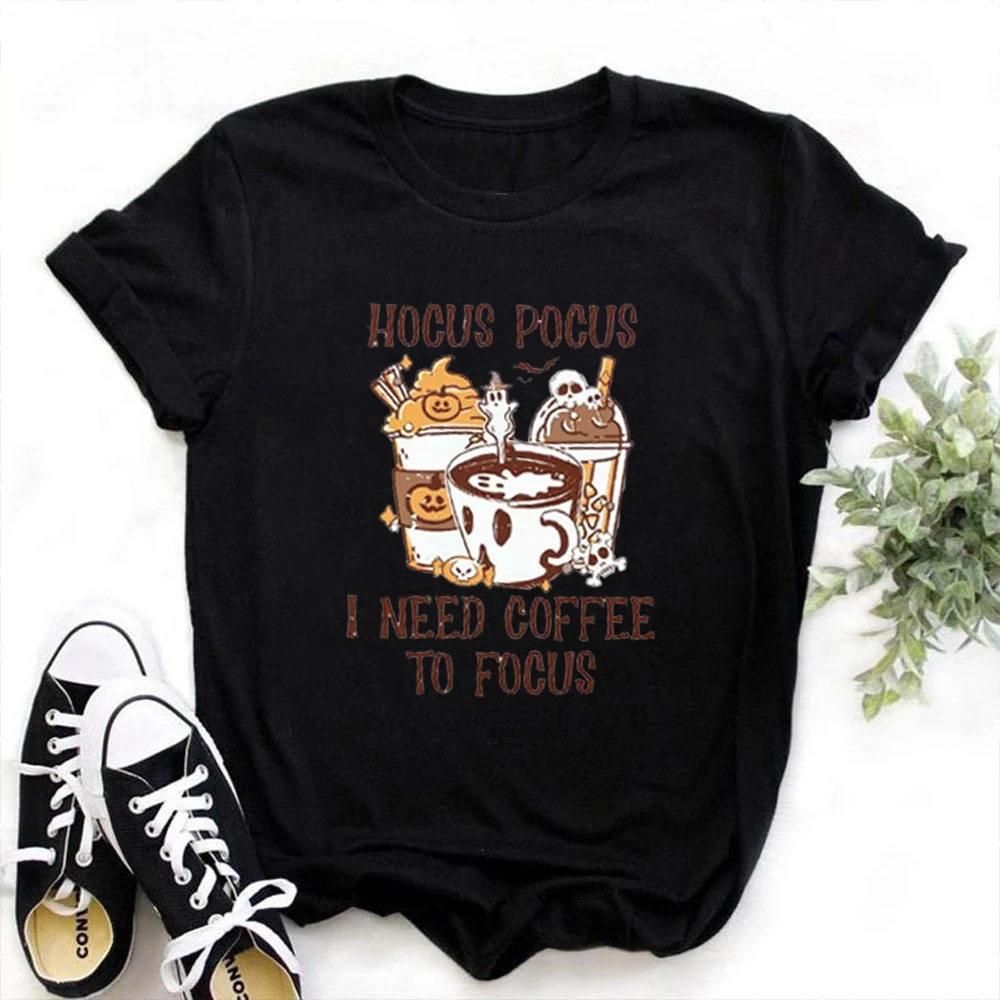 Hocus Pocus I Need Coffee To Focus Cartoon Print Fun Pattern New Halloween O-Neck Fashion Trendy Style Women's Summer T-Shirt