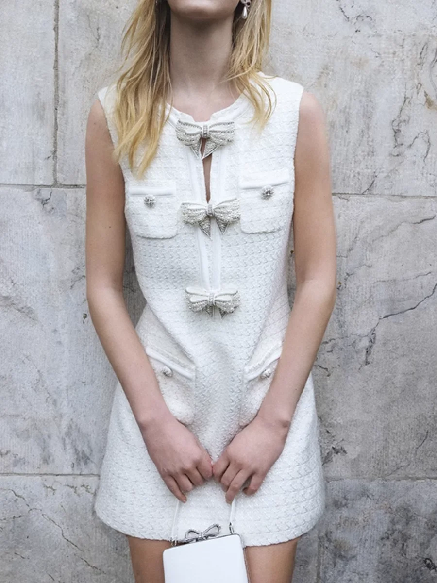 

Pearl Decoration Women Tweed Tank Dress Round Neck Sleeveless Sweet Female Mini Robe