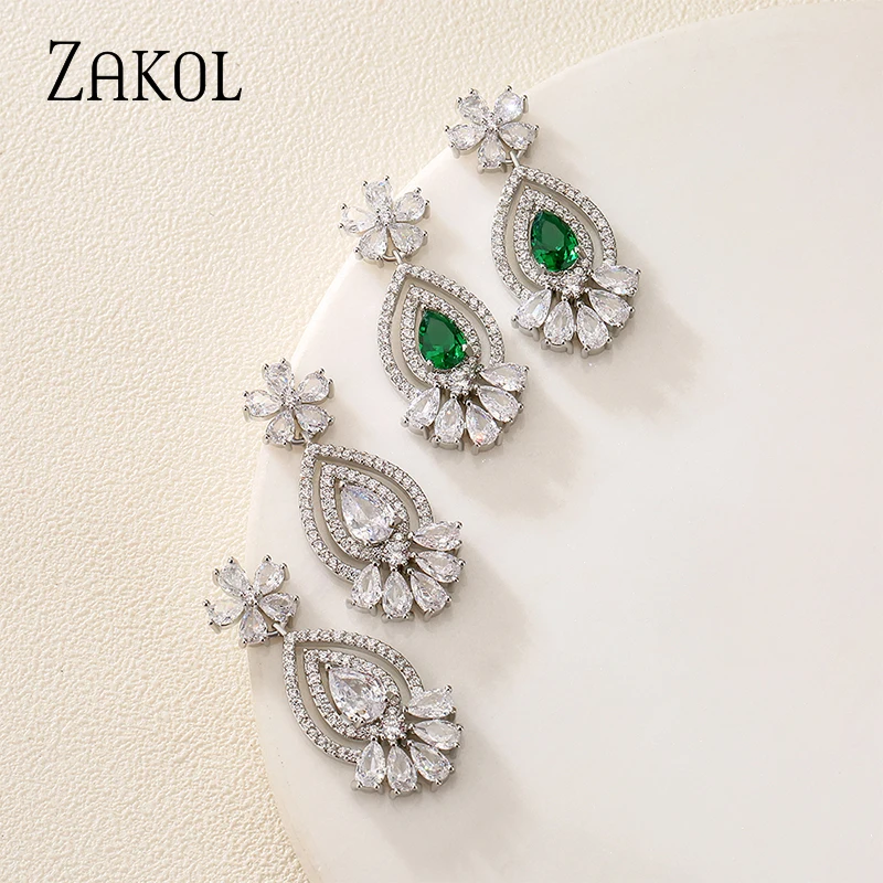 ZAKOL Exquisite Retro Green Teardrop Cubic Zirconia Geometric Flower Dangle Earrings for Women Female Party Jewelry Wholesale