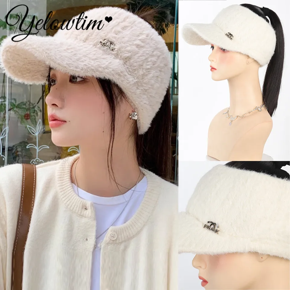 Hat Wig One-piece Plush Hollow Top Knitted Straight Hair Fashionable High Ponytail Wig Hat Winter Baseball Cap