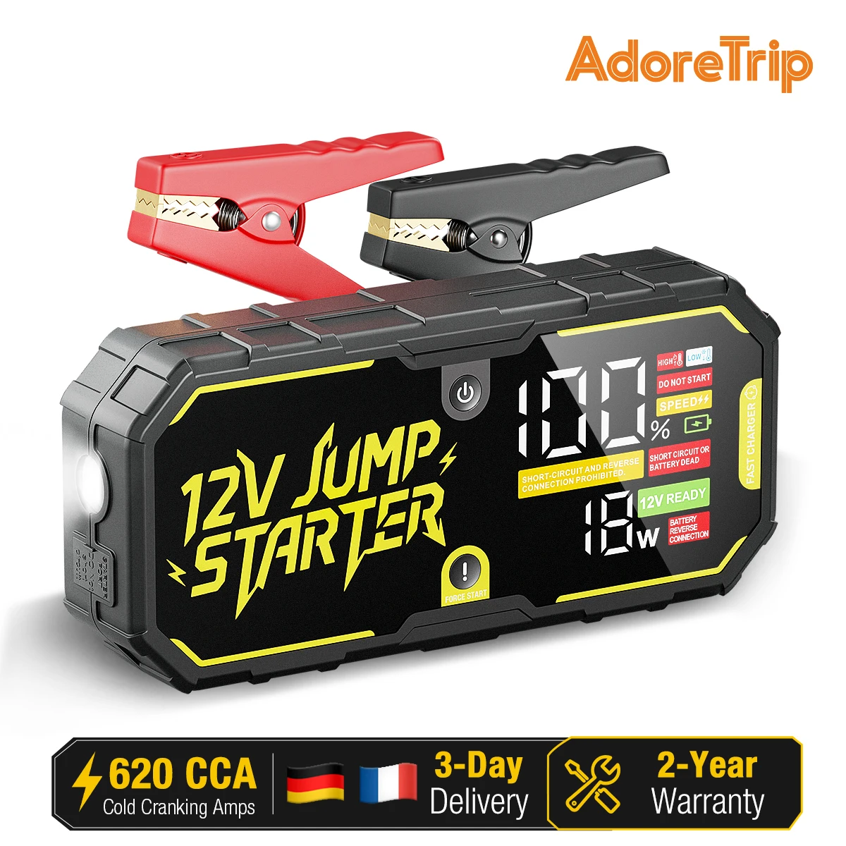 Image of AdoreTrip Starthilfe Powerbank 12V 620 CCA, Tragbarer Auto Batterie Booster für 7.0L Benzin und 4.0L Diesel, 0V Startfunktion, 3,7" LCD-Display, 2 Jahre Garantie