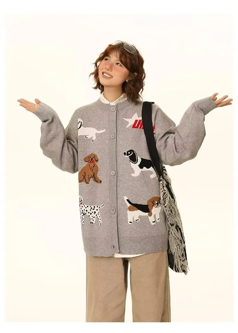 2024 Puppy Sweater Cardigan For man Women Vintage Kawaii Cartoon Printed Dogs Grey Knitted Coat y2k couple Korean Streetwear