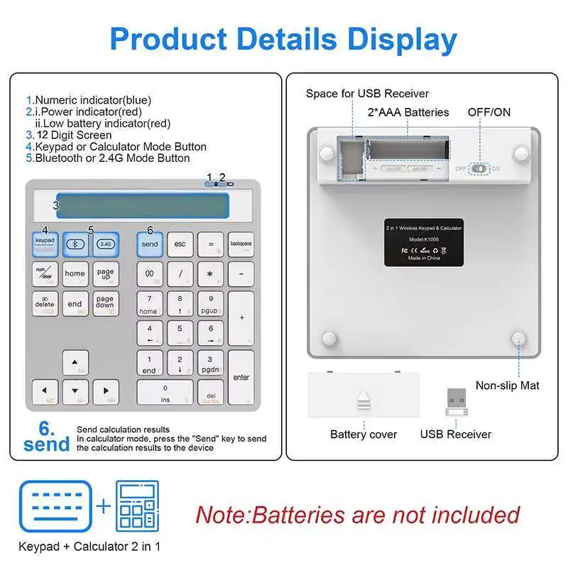 Bluetooth Number Pad 2.4G Wireless Numeric Keypad with Display Calculator - Wireless Number Pad 34-Key Financial Accounting
