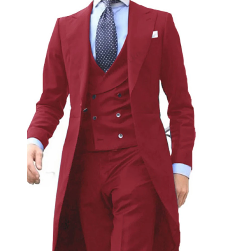 Chaqueta larga de esmoquin para hombre, traje rojo chino, Blazer de graduación, personalizado, 3 piezas (chaqueta + chaleco + Pantalones), novedad