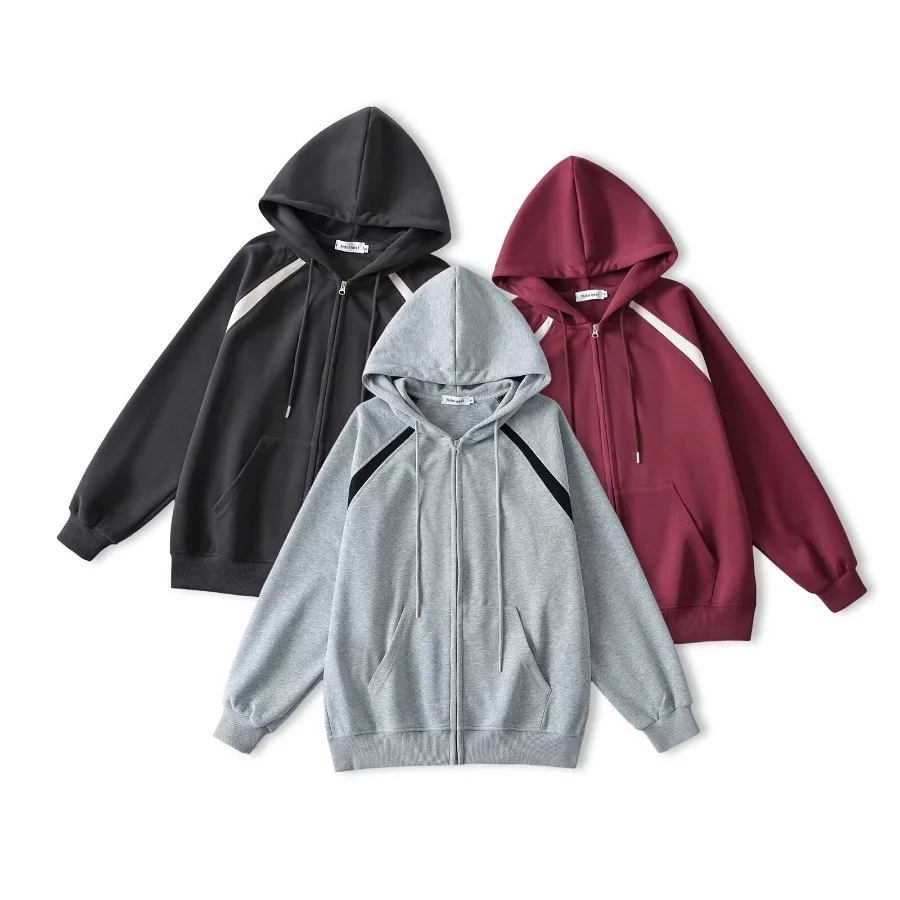 Autumn New Women Outdoor Sport Fleece MIDI Zipper Hoodie Color Contrast Casual Hooded Coats Sporty Loose Tie up Hoodie Clothes