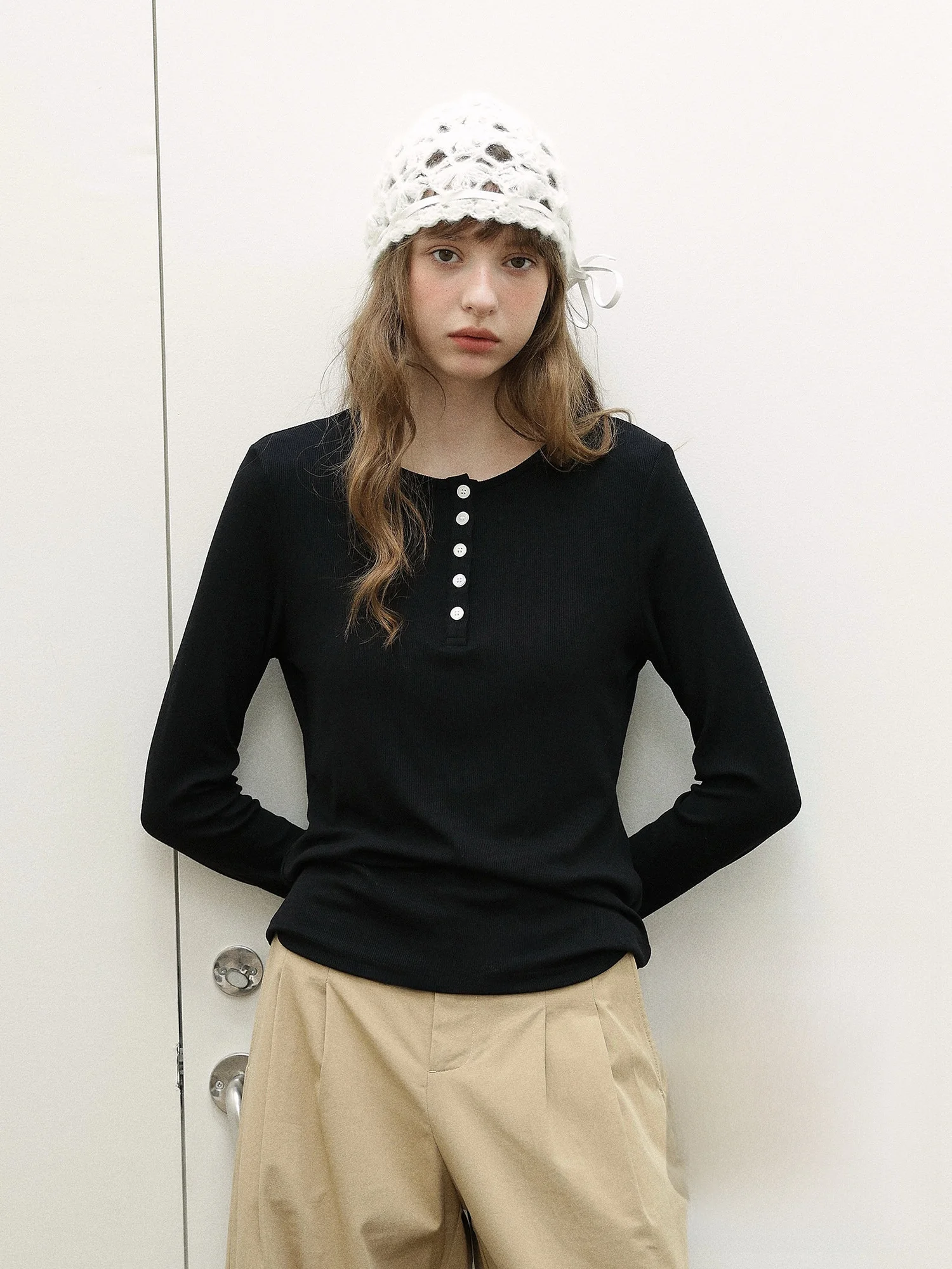 

Early Spring High Elasticity Soft Breathable Henry Collar Four Color Block Overhead Simple T-Shirt Women's Fashion Casual Top