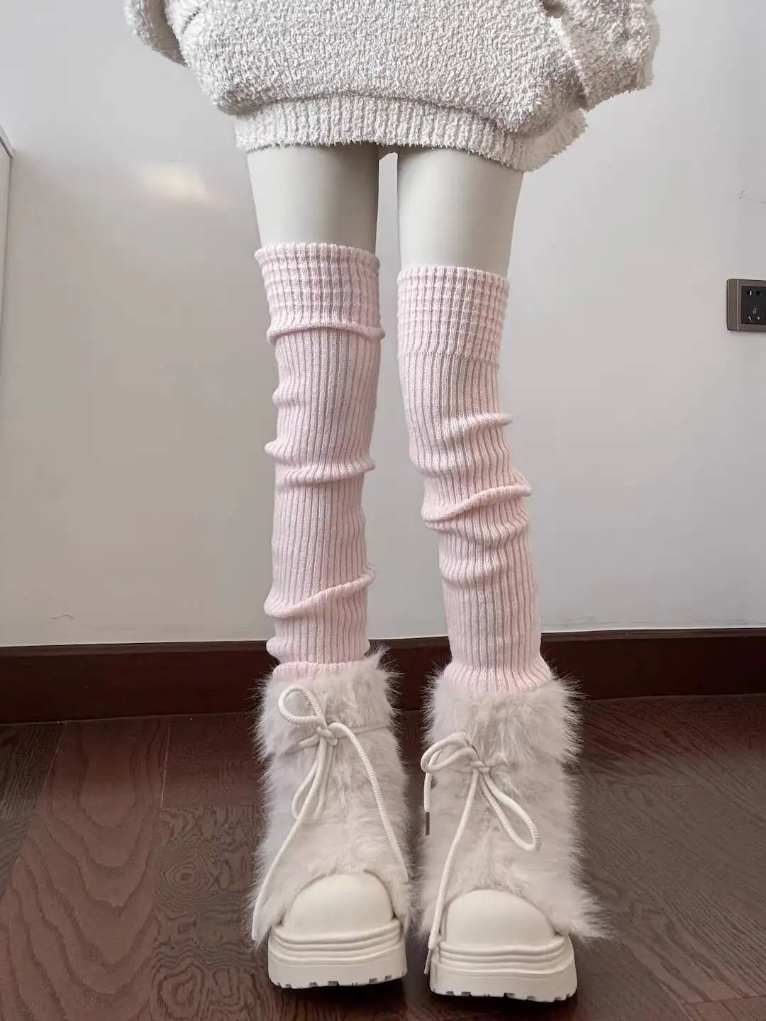 Y Demo 75cm Pink Rib Knit Thigh-High Leg Warmers Women Winter Casual Leg Sleeves Ballet Elastic Layered Pile Socks