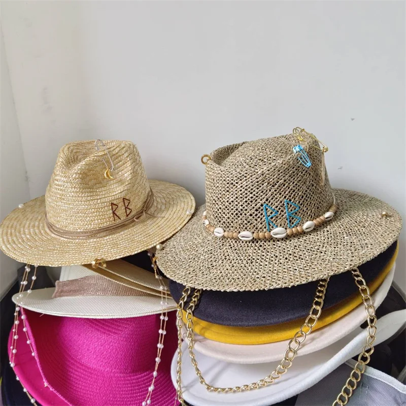 Sombrero de paja con cadena Punk para hombre y mujer, gorra de Jazz DIY, sombrero de sol con letras coreanas, sombrero de playa, Color caramelo