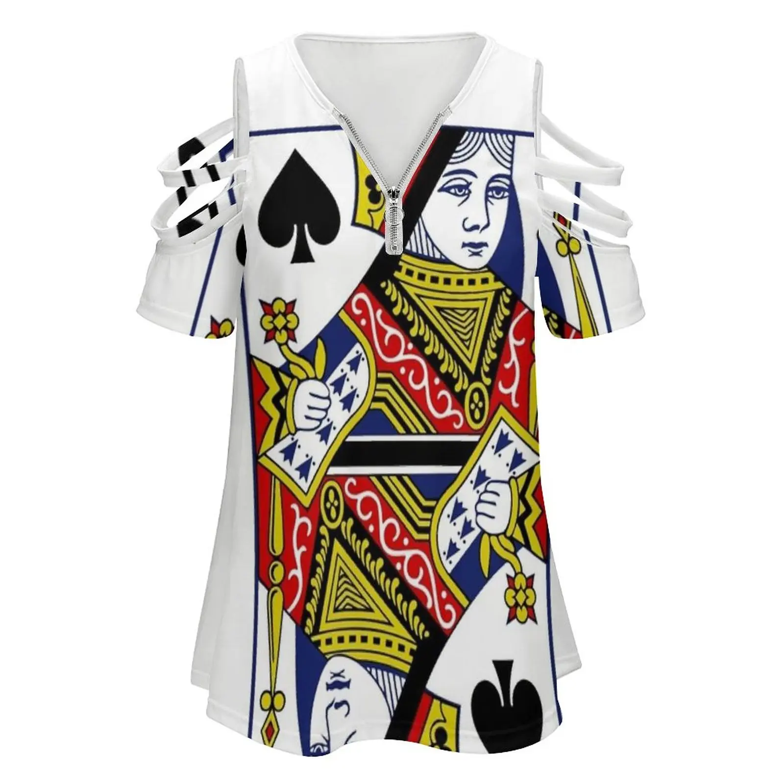 Queen Of Spades Playing Card New Fashion Zip Off Shoulder Top Short-Sleeve Women Shirt Queen Of Spades Playing