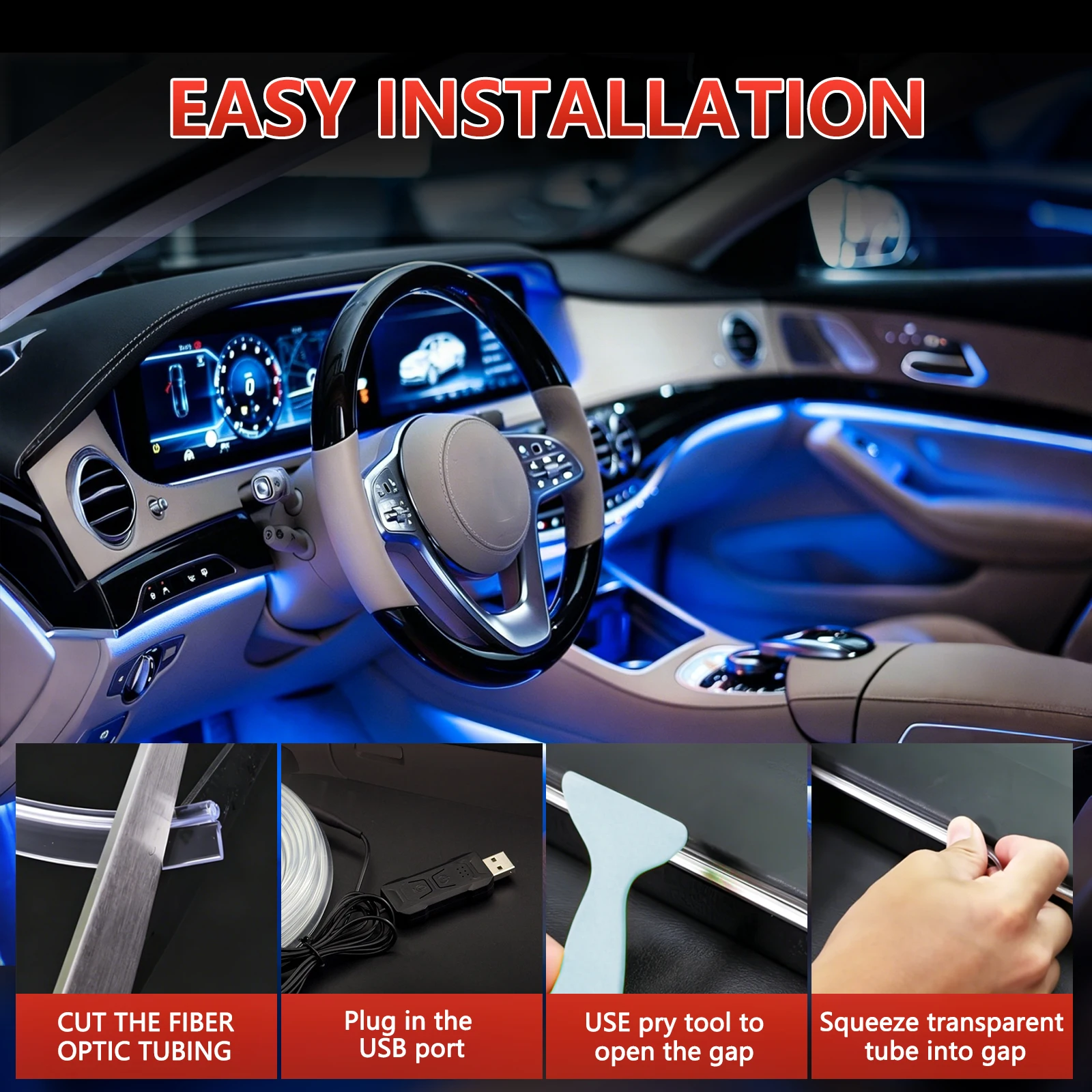 3m/4m/8m Auto-Ambientebeleuchtung LED-Innenraumleiste USB mit RGB 16 Millionen Farben Glasfaser-Neon-Dekorationslampe – Detail 4