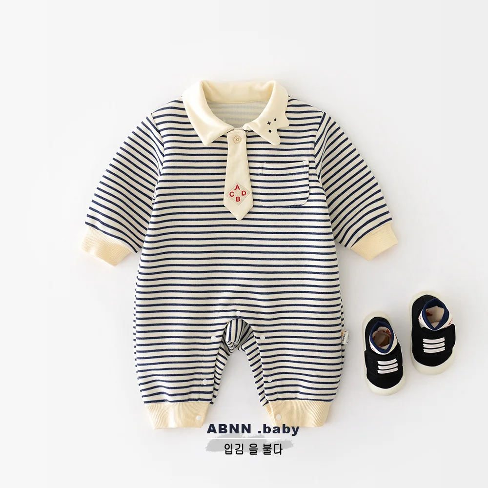

Ins Autumn Children Rompers Turn-down Collar Long-sleeved Newborn Boys Bodysuits Striped Toddler Boys Small Pockets Jumpsuits