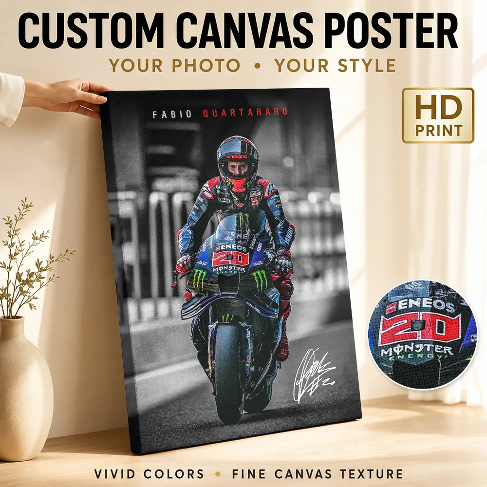 Fabio Quartararo Motorcycle Canvas Print Poster Bold Athletic Design Wall Art With Personalized Photo For Garage Ideal Fan Gift