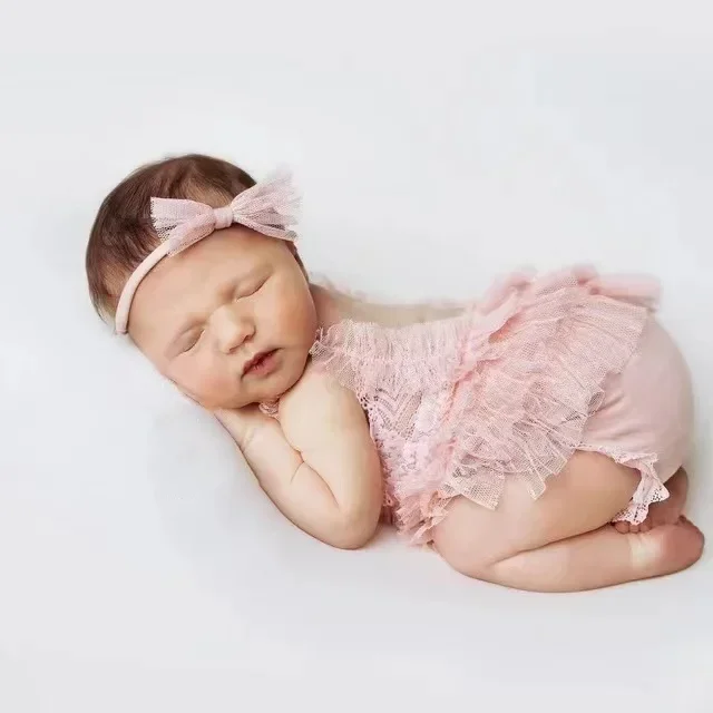 Newborn Photography Outfits Clothes Big Bowknot Baby Lace Romper Hairband Blue Suspender Trousers Photo Shooting Overalls