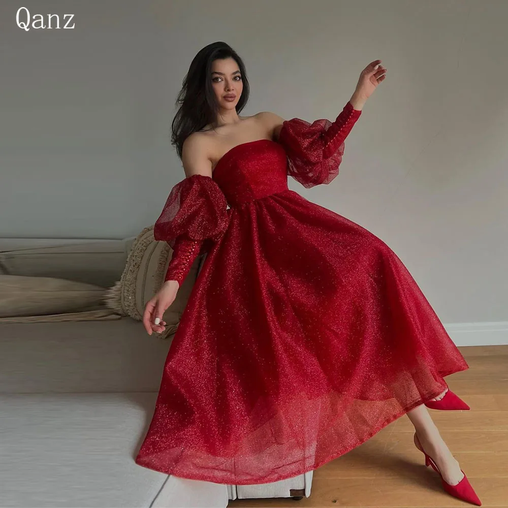 

Qanz Glitter Red Evening Dresses Strapless A Line Birthday Dresses Luxury Detachable Sleeves Tea Length Party Night Prom Dress