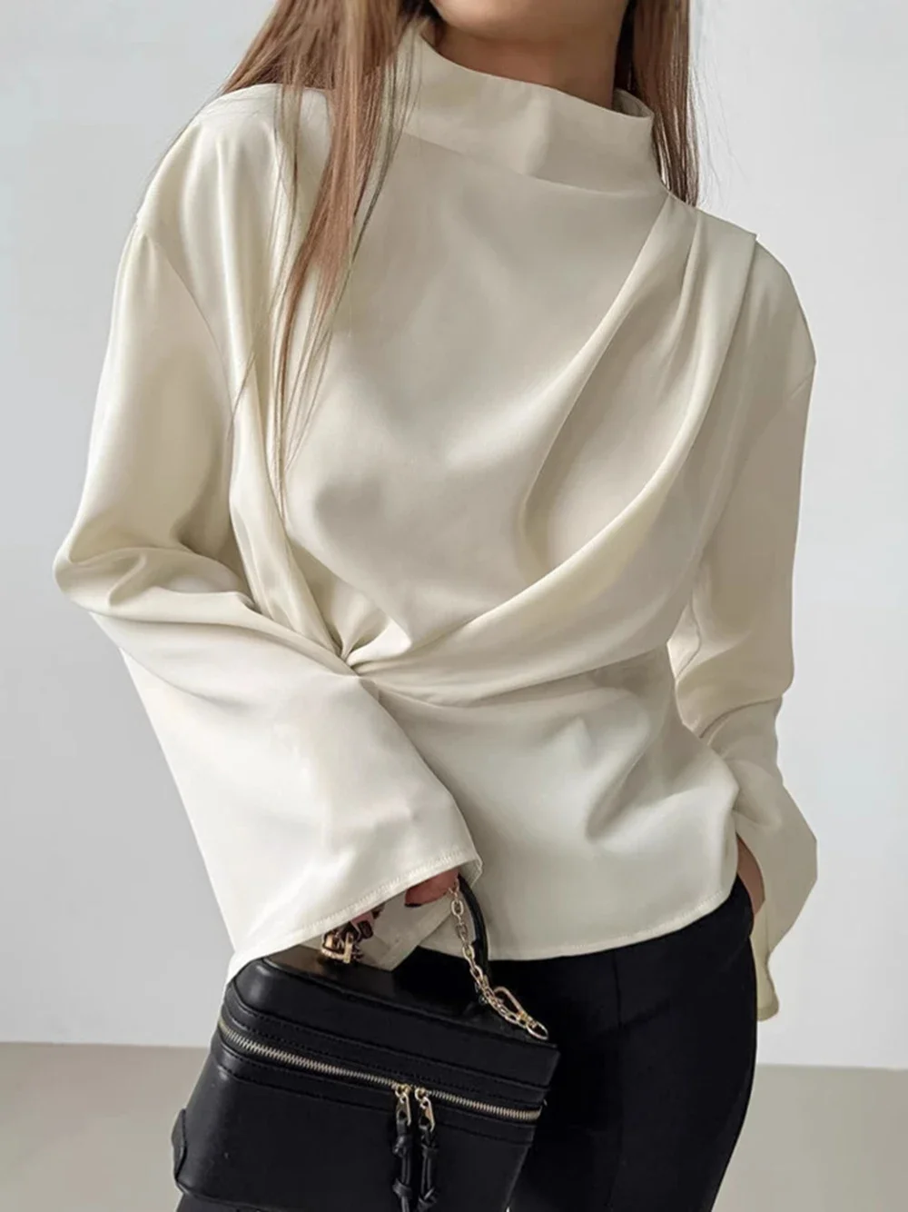 Chemise à manches évasées en mousseline de soie pour femmes, nouvelle mode française abricot à lacets, taille col montant, hauts polyvalents, pull féminin, 2025