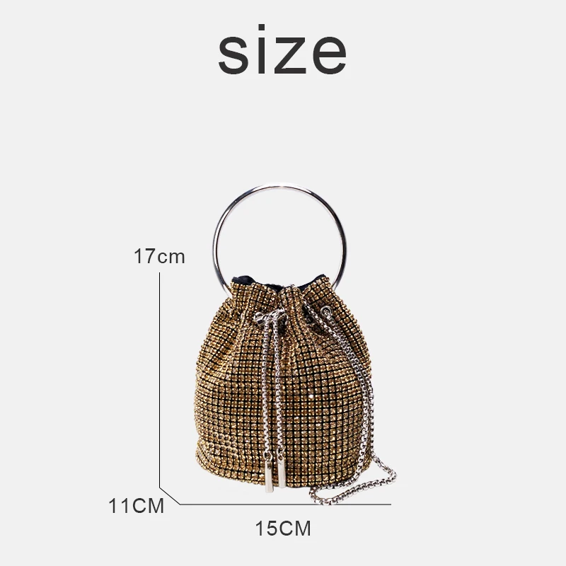 Mini Bucket Evening Bags For Women Luxury Designer Handbag Purses 2024 New In PC Shining Imitation Diamond Metal Handle Shoulder