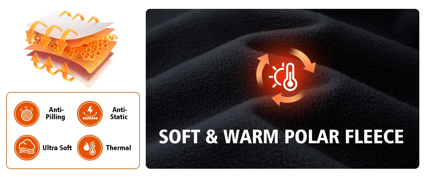 warm polar fleece, moisture wicking, soft, skin friendly