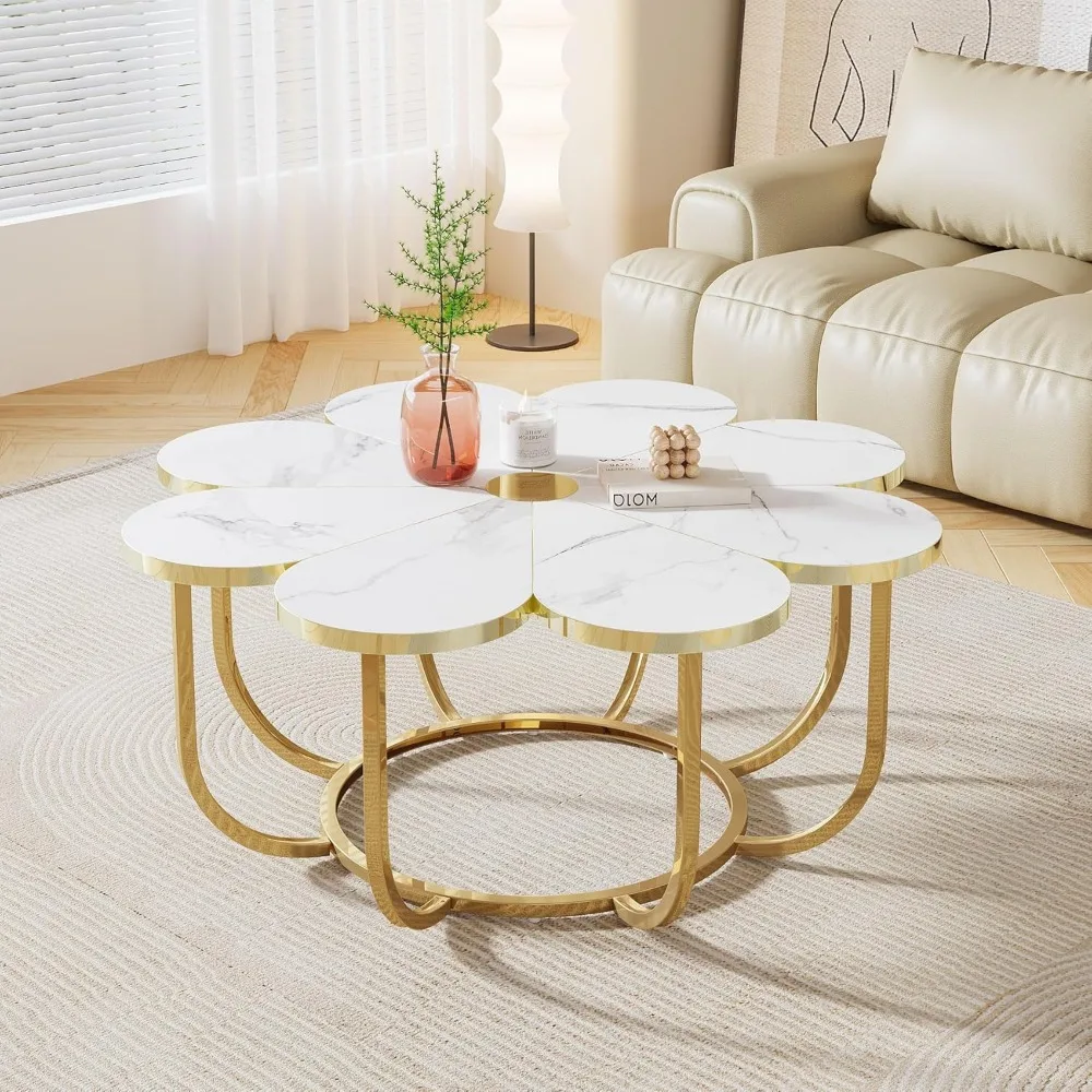 

White and Gold Coffee Table, Modern Flower-Shaped Coffee Table with Faux Marble Tabletop, 39.37-Inch Floral Accent Ce