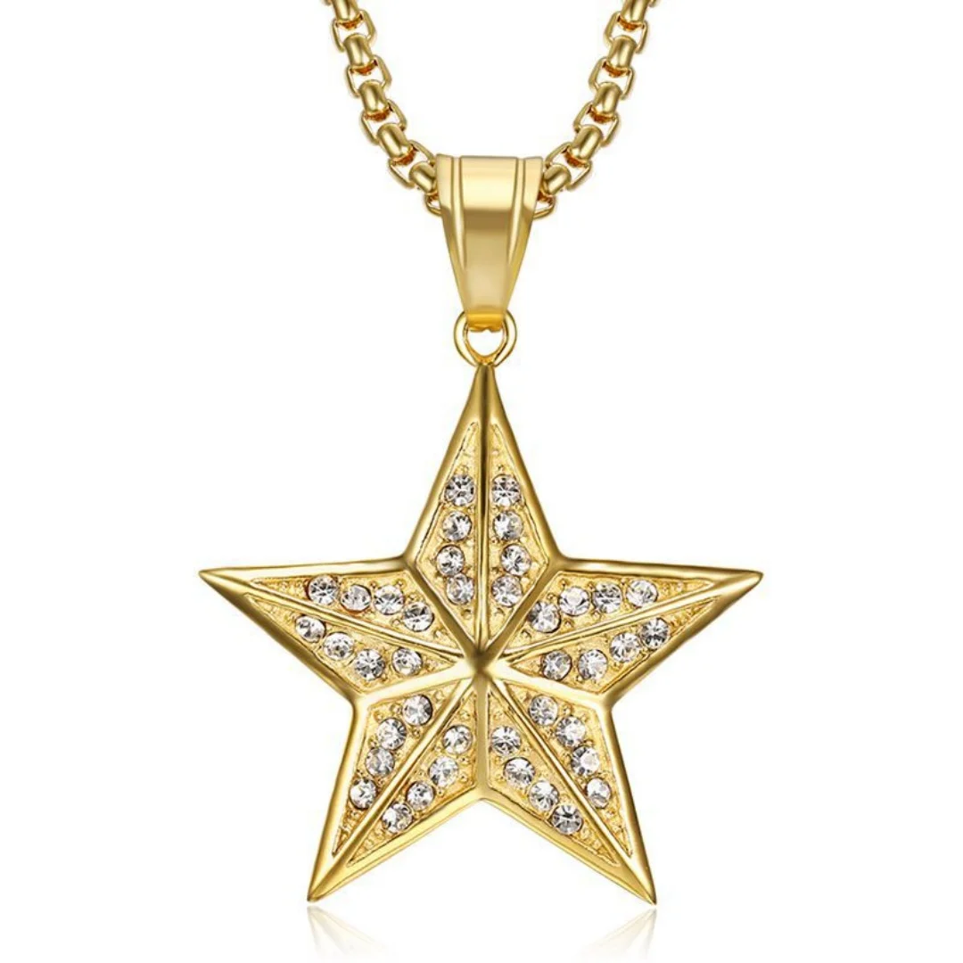 Hip Hop Iced Out Bling Pentagram Pendant Gold Color Stainless Steel Zirconia Tennis Star Necklace for Woman Man Jewelry Gift