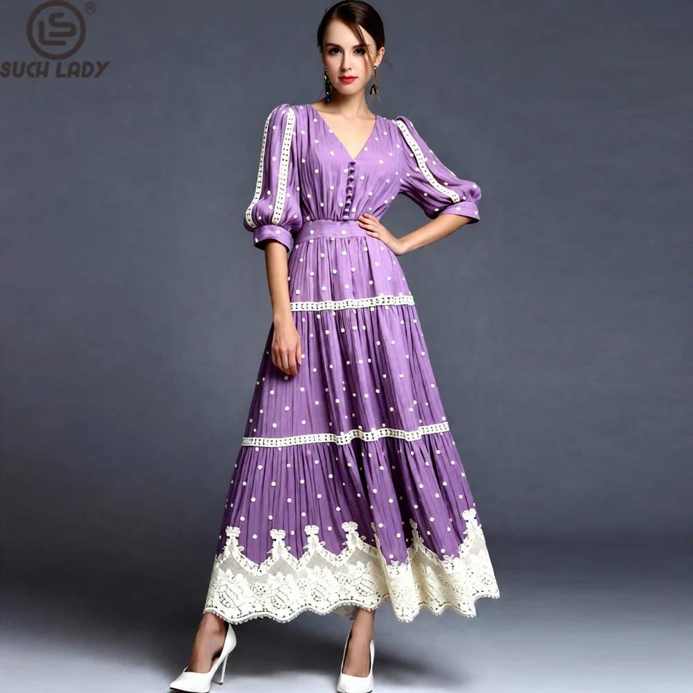 Vestido Maxi de Mujer Lila Vintage con Encaje y Puntos, Vestido Boho Chic con Mangas Abullonadas y Cuello en V, Elegante para Despedida de Soltera y Vestido de Fiesta