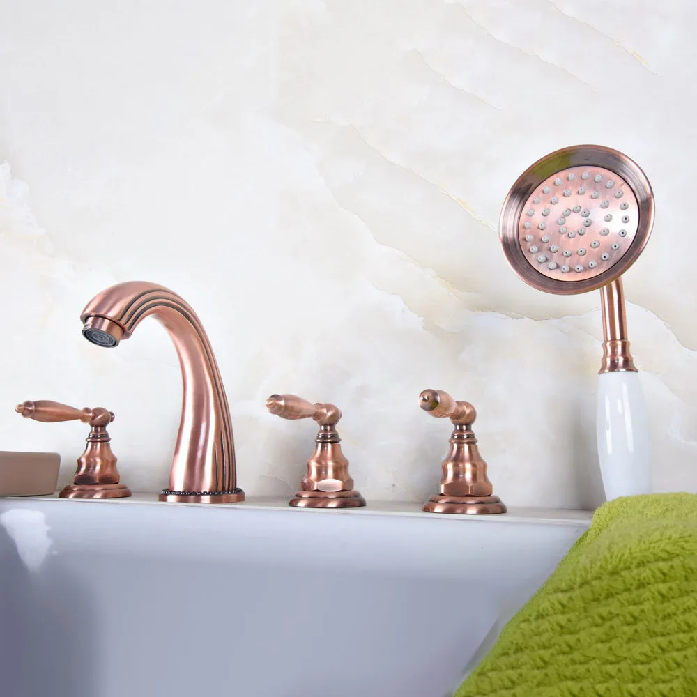 Antique Red Copper Brass Widespread 5 Hole Bathroom Roman Tub Bath Faucet with Telephone Style Hand Held Shower Head atf184