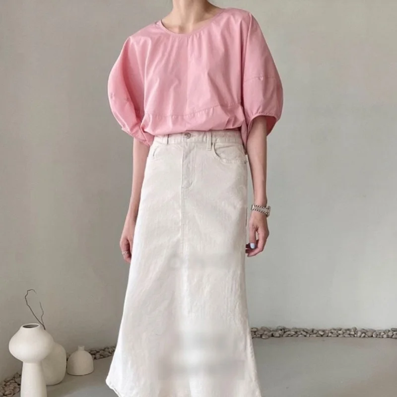 

Women's Bubble Sve irt Bal Design Summer New Sle Loose Fit V-Ne Button up ort Sve Korean Sle Top