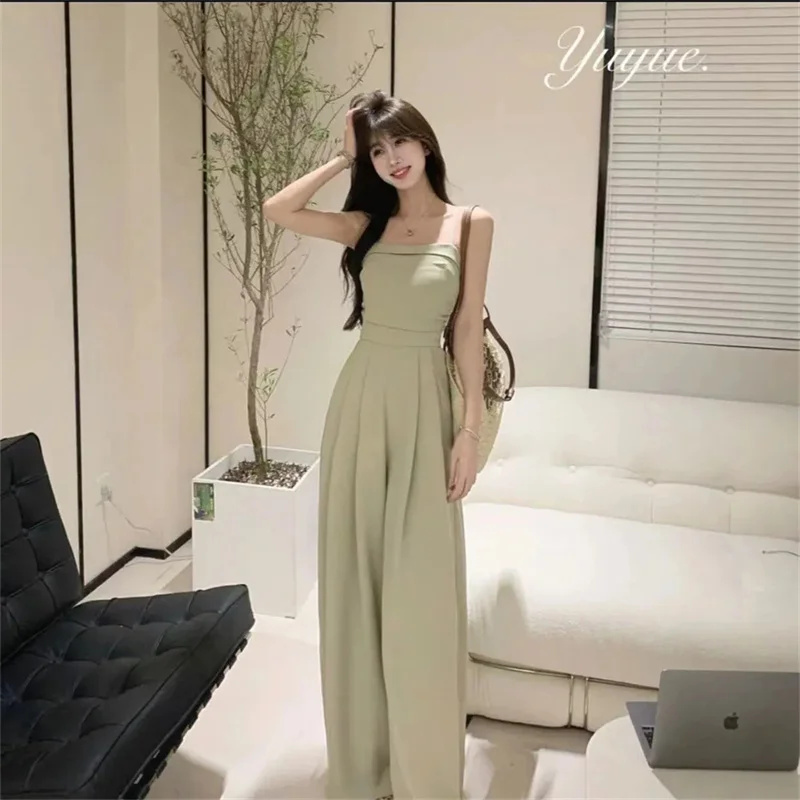 Blues Jazz French Luxury Elegance Slim And Fashionable High Waist Hanging Strap Wide Leg Jumpsuit