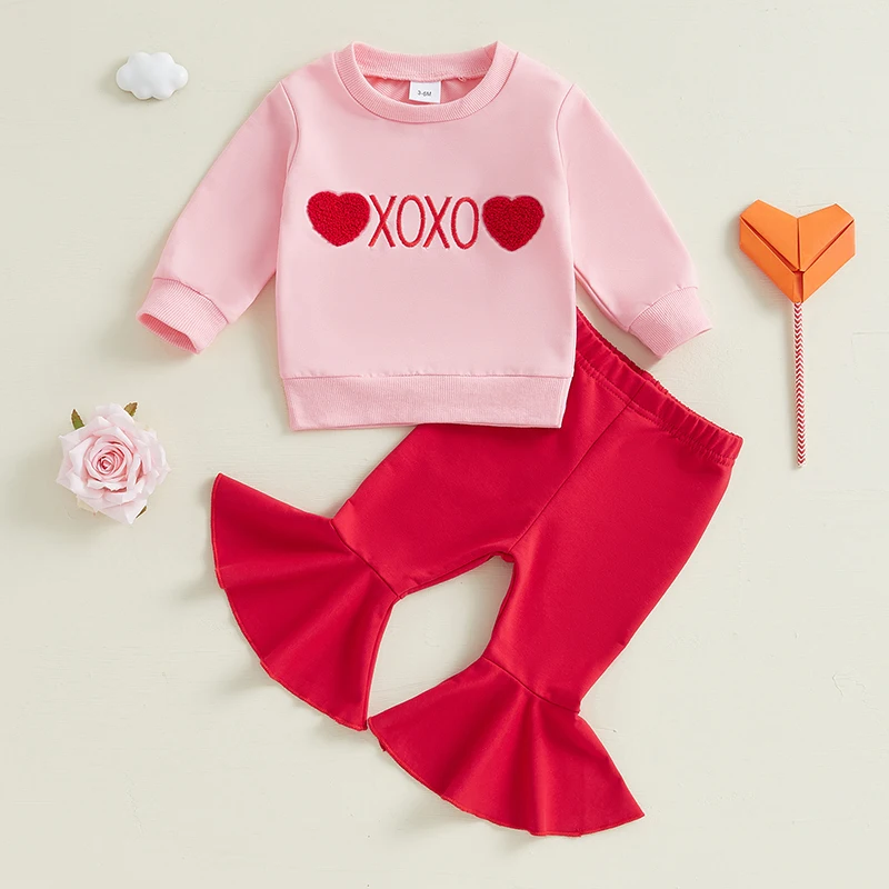 Toddler Girl Valentine’s Day Outfits Baby Infants Cute Long Sleeve Letter Sweatshirt + Flare Pants Set 2 Pcs Fall Clothes 3M-3Y