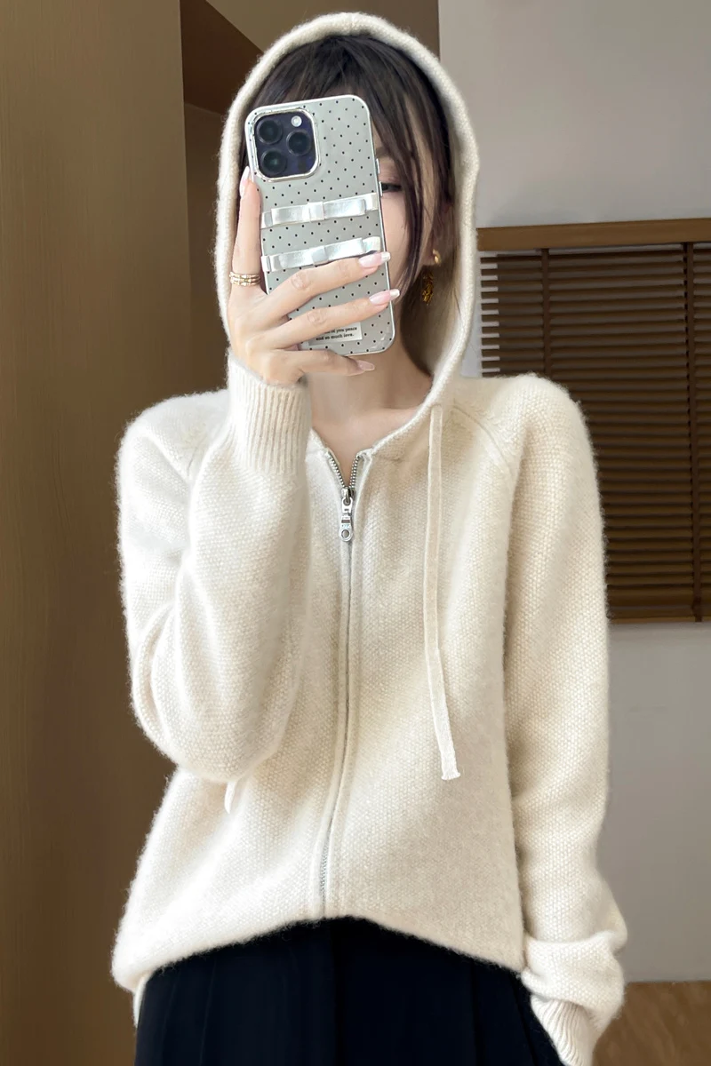 

Women's Zipper Hoodie Cardigan 100% Merino Wool Sweater Thick Casual Simple Style Sweater Autumn Winter Korean Popular Clothing