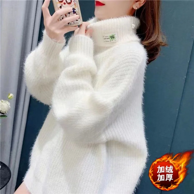 

High Neck Velvet Thickening Sweater Women's Idle Style Japanese Plush Loose Youthful-Looking Knitted Bottoming Shirt Top