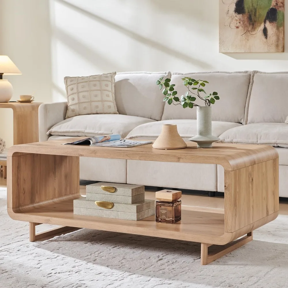 

48 Modern Coffee Table, 2-Tier Minimalist Center Table with Storage Shelf, Curved Profile Design, Wooden Rectangular Living Room