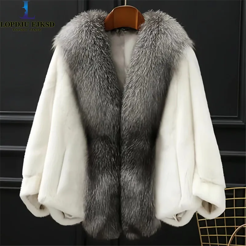 Faux Mink Fur Coats for Women, Fox Fur Collar Jacket,Female Loose Thicken Warm Clothes, Batwing Sleeve, High Quality, Winter