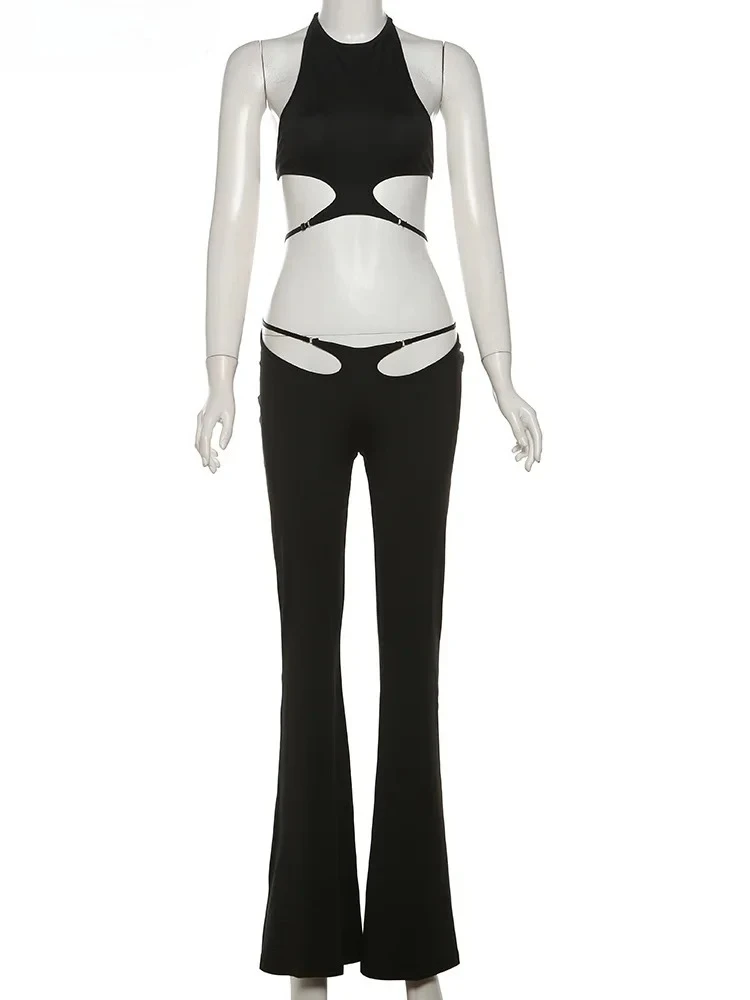 ホローストラップ2ピースセット レディース サマー セクシー 無地 ホルターネック バックレス トップス+スパンコール フレアパンツ パーティー スキニー セットアップ