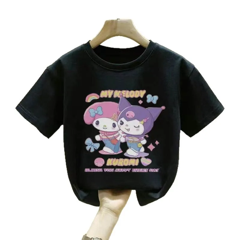 夏の新作女の子用半袖tシャツ-可愛い漫画プリント-通気性のある柔らかいコットン-カジュアルなゆったりフィットトップ-キッズ用デイリーウェア-トレンド