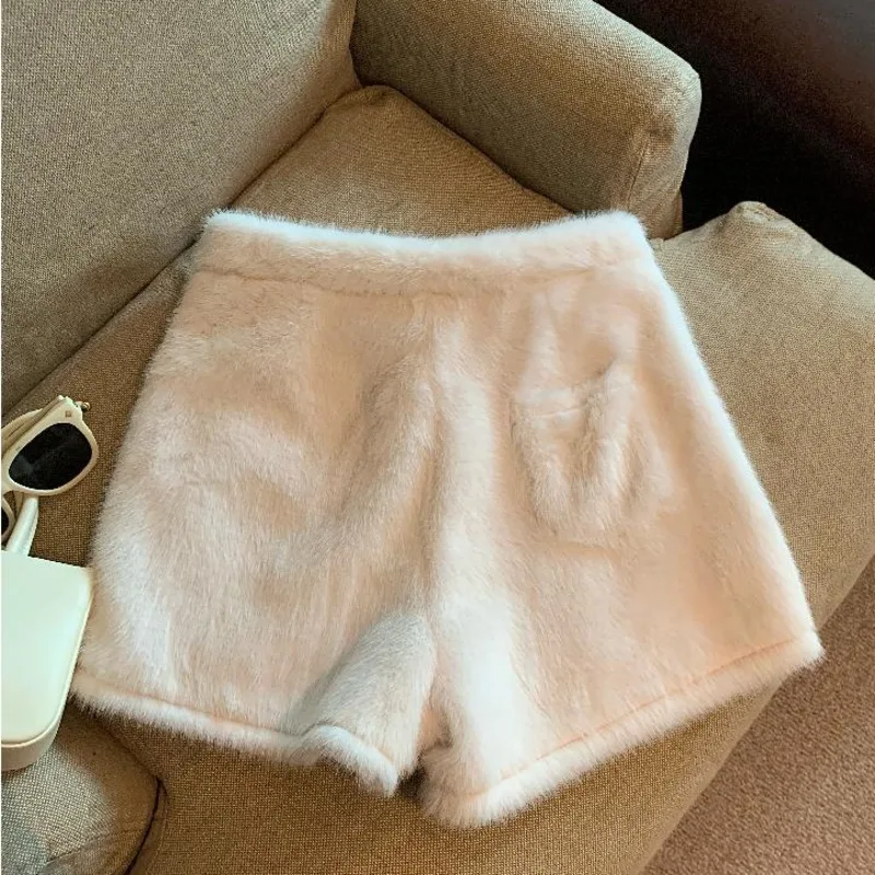 Bianco visone finto velluto corto donna 2024 autunno inverno addensato caldo peluche tuta sportiva pantaloni a vita alta casual pantaloni a gamba larga